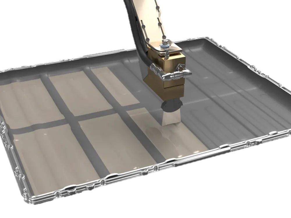 Illustrative graphic showing the fire protective coating being applied onto the inside of a battery pack lid through a flat stream nozzle.