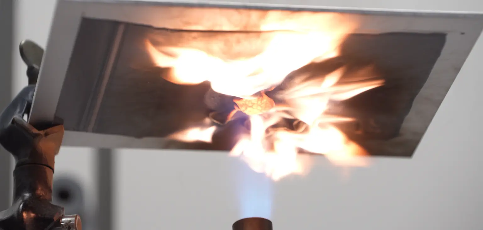 Image captured live during an open flame test; one of the testing methodologies that Henkel uses to test the performance of the fire protective coating products.